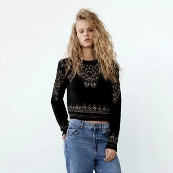 ZARA Gold Metallic Thread Jacquard Knit Sweater - Picture 2 of 9